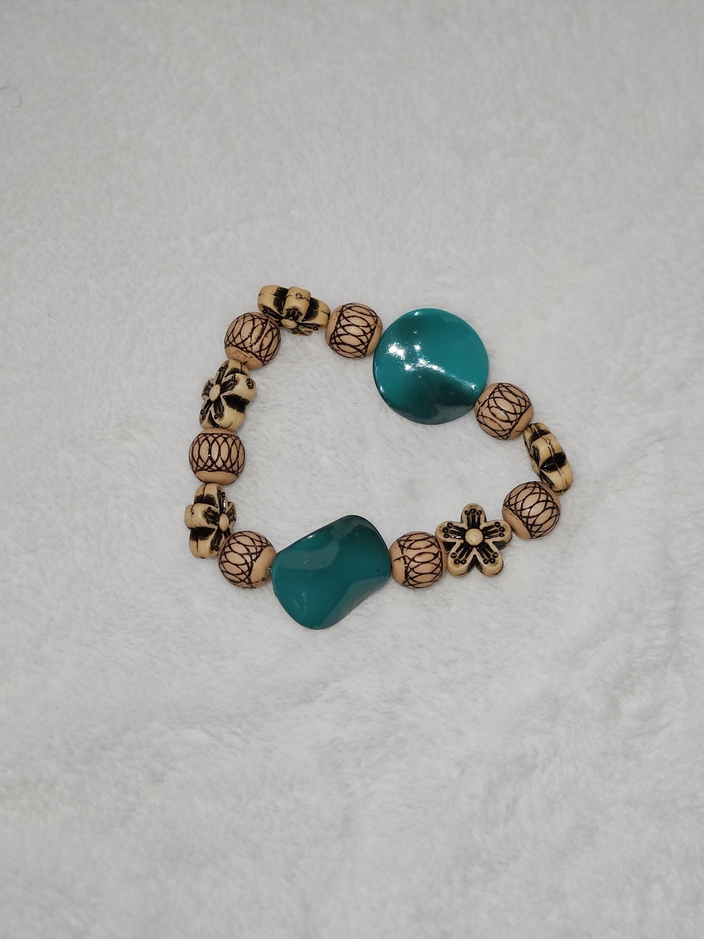 Handcrafted Teal Bead & Carved Wood Stretch Bracelet